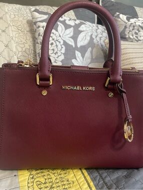 Michael Kors Wine Saffiano Leather Satchel with Gold Hardware